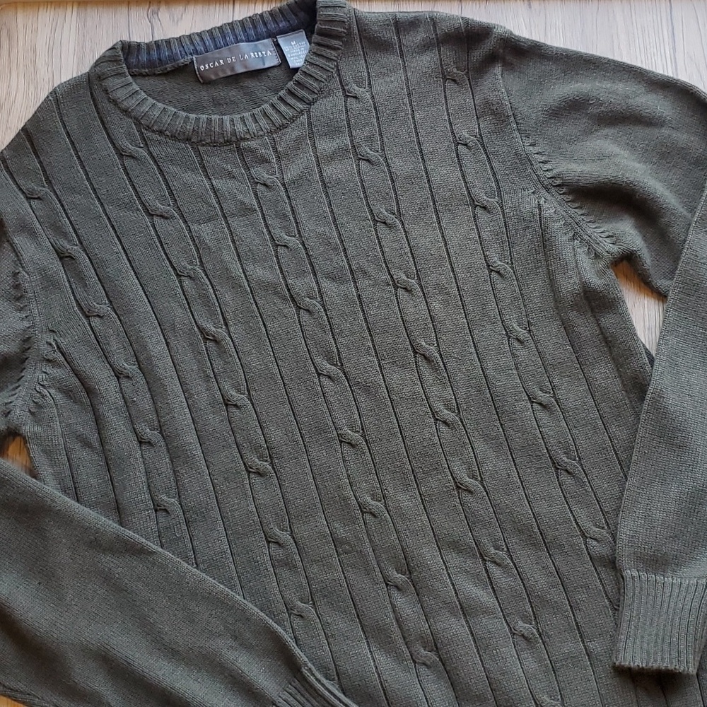 Oscar De La Renta Vintage Olive Army Green Cable Knit Sweater M